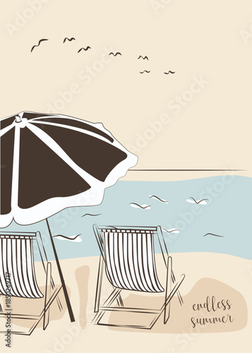 Illustration with two deck chairs and an umbrella on the ocean Hand-drawn illustration with a pleasant, light atmosphere. Can be used for postcards, packaging, prints, posters, and restaurant menus.