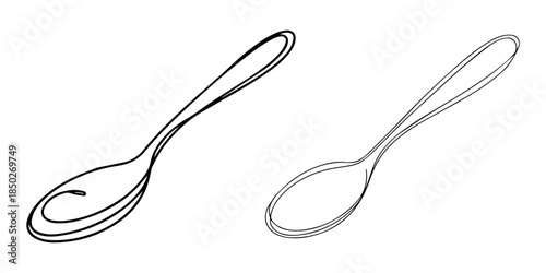 Tea spoon in one continuous line drawing, Spoon Single one line art, linear style, isolated on a white background, Minimalist line art illustration of a fork, knife, and spoon connected.
