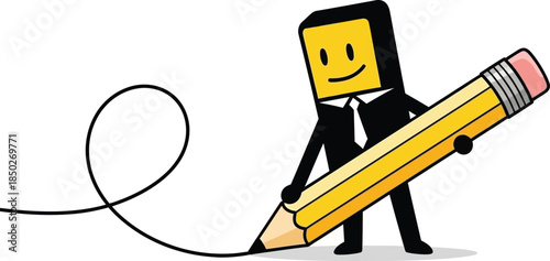 A cartoon character drawing with a large pencil