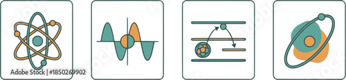 Physics and quantum mechanics icon sheet with atom model, wave functions, and particle trajectories laboratory equipment