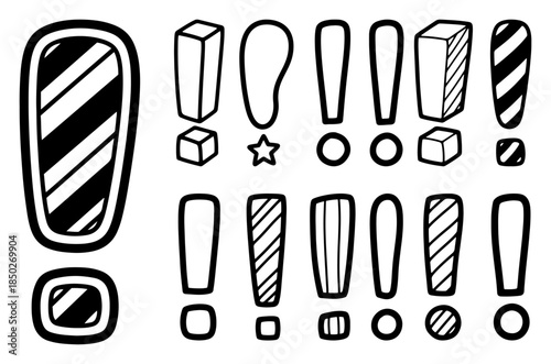 Set of hand drawn exclamation marks and warning symbols in doodle style