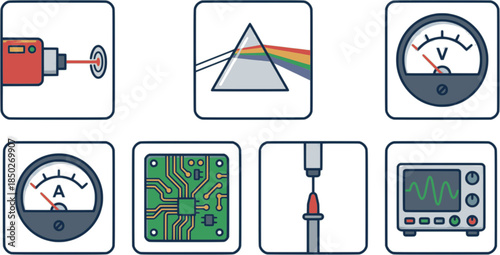 Science and physics icon set with light prism, rainbow, electrical meters, circuit board, and oscilloscope laboratory equipment