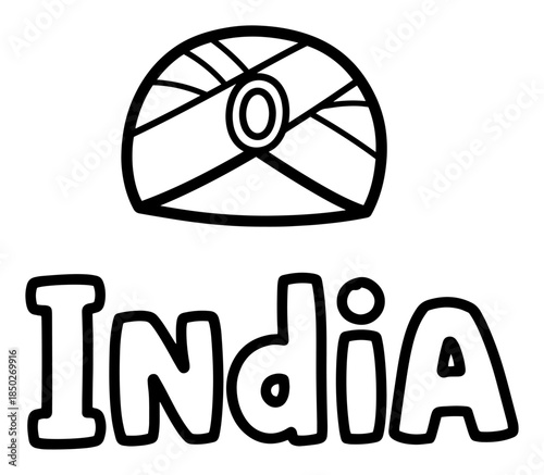 Hand drawn text India with traditional turban headwear icon illustration