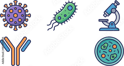 Microbiology icon set with bacteria, virus, microscope, and petri dish laboratory equipment