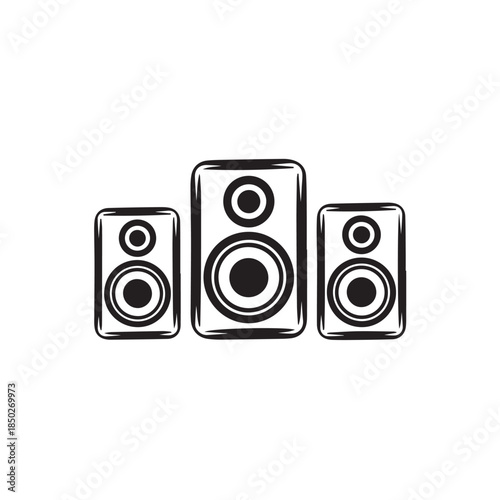 Hand drawn speaker icon set, minimalist audio sound system vector illustration, sketch style subwoofers isolated on white background.