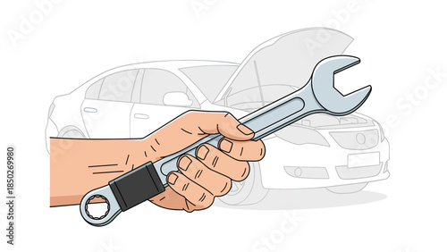 Human hand firmly holding a large wrench, with the blurred outline of a car with an open hood in the background, symbolizing auto repair.