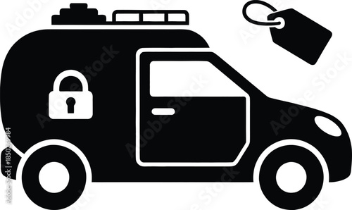 Collection of automotive and logistics icons featuring sedan car silhouette railway oil tanker cistern wagon car sale tag and locked car door security concept.