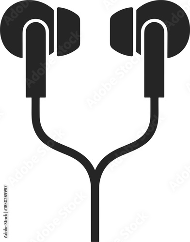 Black and white icon of in-ear headphones with cord earphones earbuds
