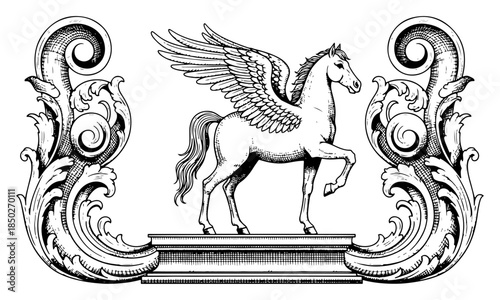 Vintage engraved pegasus horse with ornate floral scroll frame