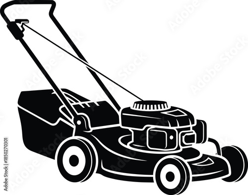 Black lawn mower silhouette with powerful engine and grass collection bag for professional landscaping gardening and yard maintenance vector illustration isolated.