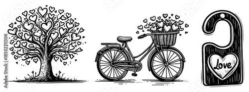 Set of romantic hand drawn love symbols featuring bicycle and heart tree