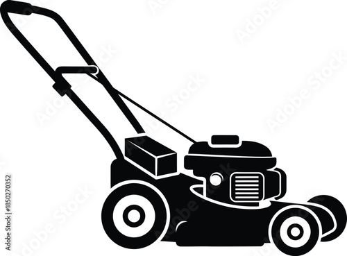Black lawn mower silhouette side view with engine and handle for professional gardening yard maintenance and landscaping equipment vector illustration isolated.