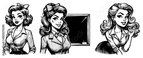 Set of three vintage retro women characters including teacher and pinup girl