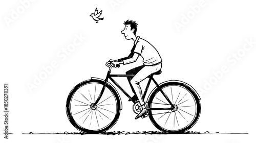 Happy man riding a bicycle with a small bird in hand drawn doodle style