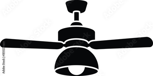 Black ceiling fan icon with two blades and integrated dome light fixture for home interior ventilation and household cooling system vector illustration isolated.