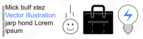Business solutions, productivity, creativity, innovation, conceptual communication, work ideas. A black briefcase, happy face and lightbulb with lightning. Creativity and innovation concept