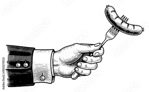 hand holding fork with roasted sausage in vintage sketch style