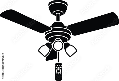 Black ceiling fan icon with four blades integrated lights and a wireless remote control for home interior ventilation and cooling system vector illustration.