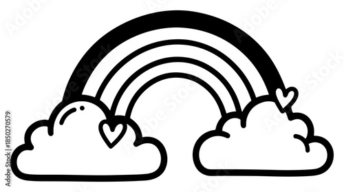 Cute hand drawn rainbow arching over two clouds with hearts