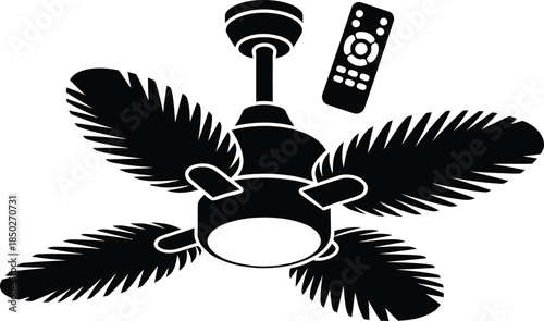 Tropical palm leaf blade ceiling fan icon with remote control unit and integrated led light fixture for coastal home interior cooling and climate control vector.