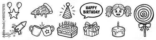 Collection of cute hand drawn birthday party icons and symbols