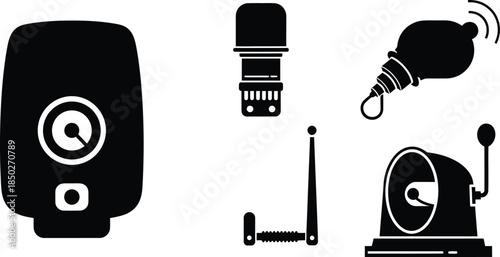 Black silhouette icon set of industrial equipment including a water heater pressure gauge vintage siren hand crank generator and electronic bulb components vector.
