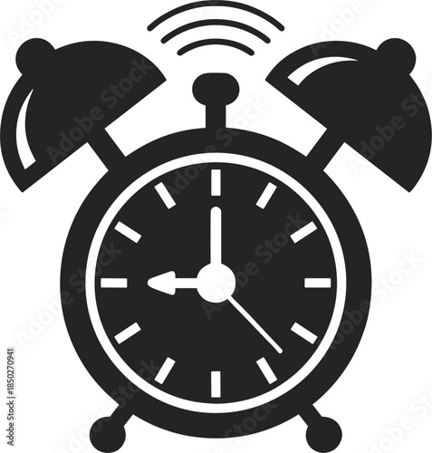 Black silhouette of a ringing alarm clock with bells and waves time wake up