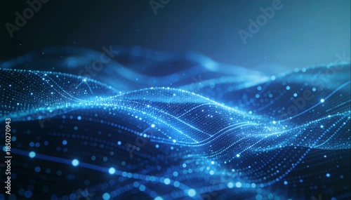 Abstract digital technology background with a blue glowing particle wave and flowing data grid lines representing big data visualization cybersecurity and futuristic innovation