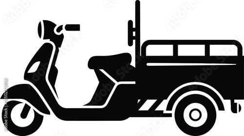 Electric cargo delivery scooter icon with large rear storage bed and three wheels for urban logistics and eco friendly freight transportation silhouette vector.