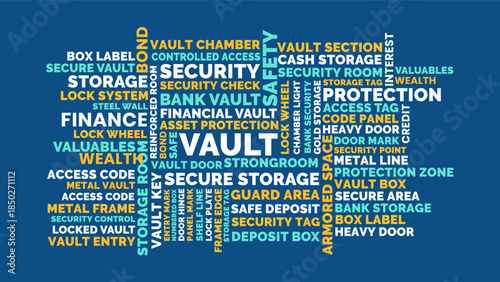 Vault word cloud design, vault protection storage concept for bank safety and finance