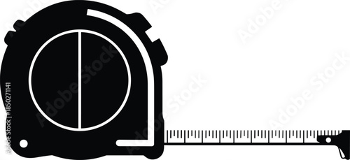 Black silhouette of a tape measure with extended tape on white background measuring tool