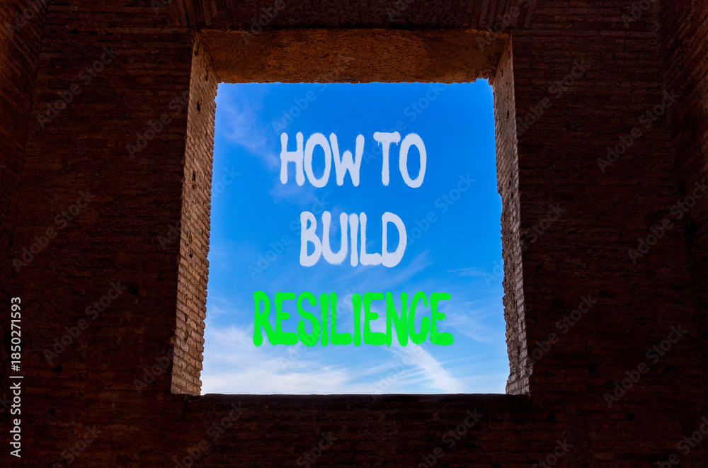 Obraz premium How to build resilience symbol. Concept words How to build resilience on beautiful window in ancient brick wall. Beautiful blue sky background. Business how to build resilience concept. Copy space.