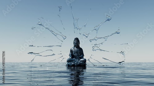 
Buddha or monk sits in meditation above the surface of the sea and controls the water.