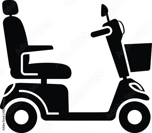 Electric mobility scooter silhouette for elderly and disabled person with basket isolated on white background for medical health and accessibility vector design.