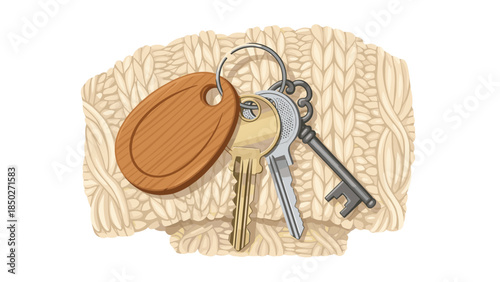 Assortment of keys, including a house key and car key, attached to a stylish wooden keychain, set against a cozy knitted background.