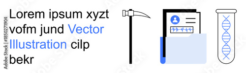 Genetic testing, data mining, biotechnology, digital identity, laboratory research, information analysis. DNA helix in a test tube, document folder and mining pick. Genetic testing and data mining