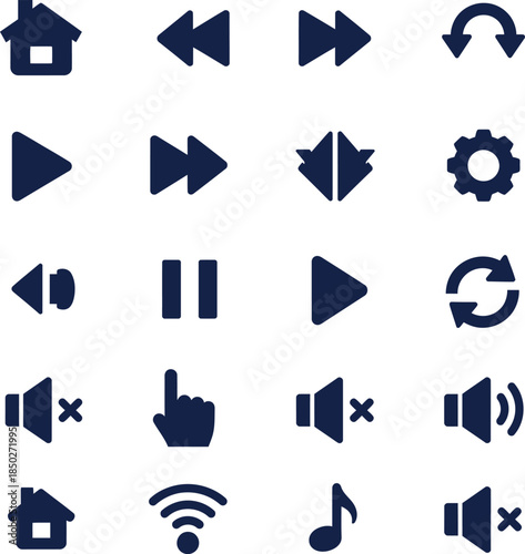 Media Player and Navigation Icons Home Rewind Play Pause Volume and Wi- Fi Symbols Keywords: media, player, navigation, icon, set