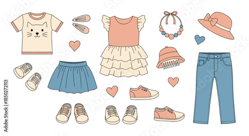Collection of little girl's clothing and stylish accessories including dresses, shirts, shoes, hats, and jewelry in soft pastel tones.