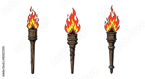 Three different styles of burning wooden torches with vibrant orange flames depicted in a detailed hand-drawn illustration style.
