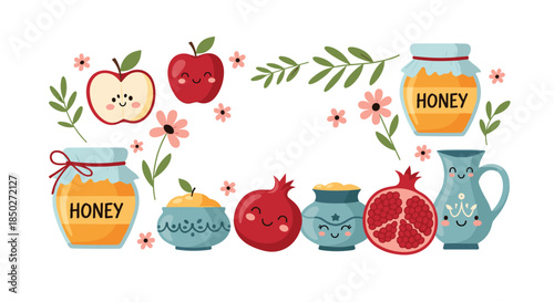 Cute cartoon set for Rosh Hashanah featuring honey jars, apples, pomegranates, and decorated bowls with friendly smiling faces.