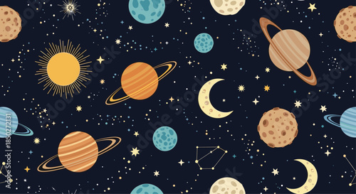 Captivating seamless pattern of various planets, crescent moons, and distant stars scattered across a dark outer space background.