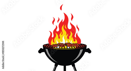 Illustration of a classic charcoal kettle grill with burning flames and savory sausages cooking on the metal rack over the heat.