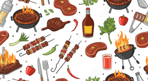 Delicious seamless pattern of barbecue elements including charcoal grills, meat steaks, skewers, peppers, and savory sauces.