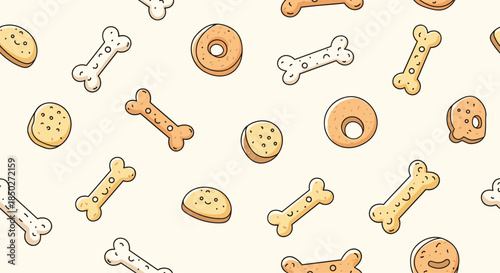 Cute seamless pattern of cartoon dog treats shaped like bones and donuts with friendly smiling faces on a soft cream background.