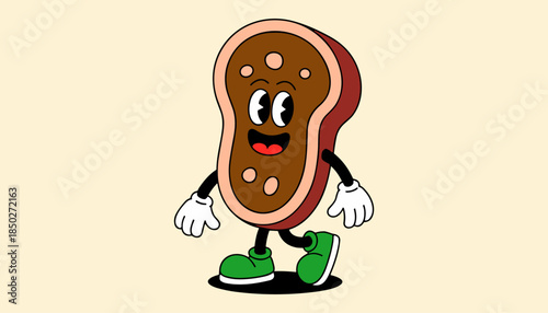 Cute Steak Cartoon Character Vector Funny Meat Mascot Illustration, Funny Meat Character Clipart Smiling Steak Cartoon Vector, Cute Food Mascot Steak Illustration Cartoon Meat Character Vector.