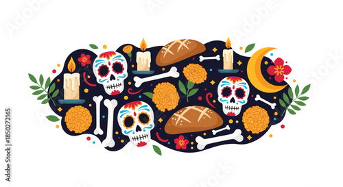 Festive Day of the Dead illustration featuring colorful sugar skulls, marigold flowers, bones, and burning candles on a dark base.