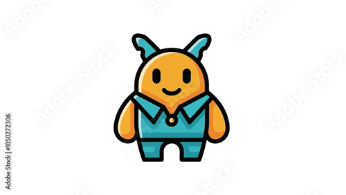 Smiling cartoon character in blue overalls on black background
