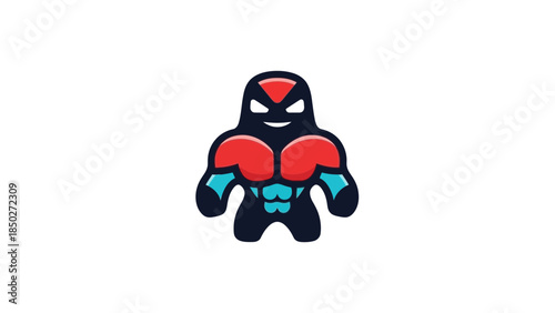 Muscular cartoon superhero with red boxing gloves and menacing smile