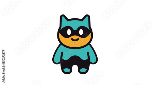 Cute cartoon superhero cat in teal and black costume standing strong