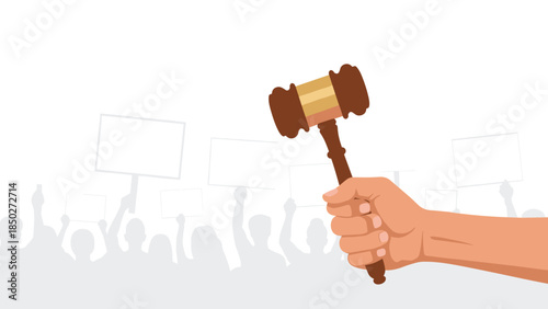 Human hand holding a wooden gavel, positioned against a background of silhouetted protestors with blank signs, representing law and order.
